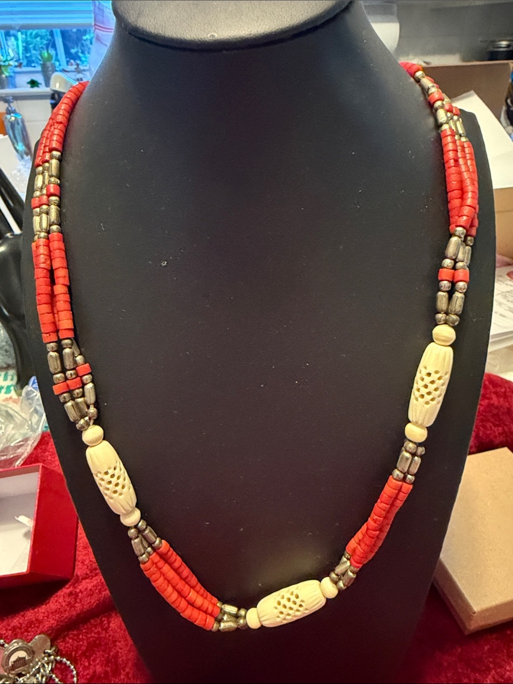 VintageTerracotta coral colored Beaded and Carved Ivory-Accent Necklace 23.5”
